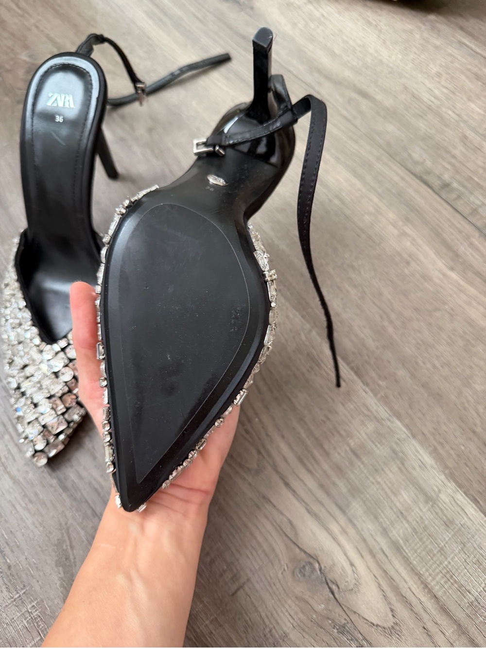 Zara Black Ankle-Strap Pointed Heels with Silver Crystal Embellishments - Picture 4 of 5